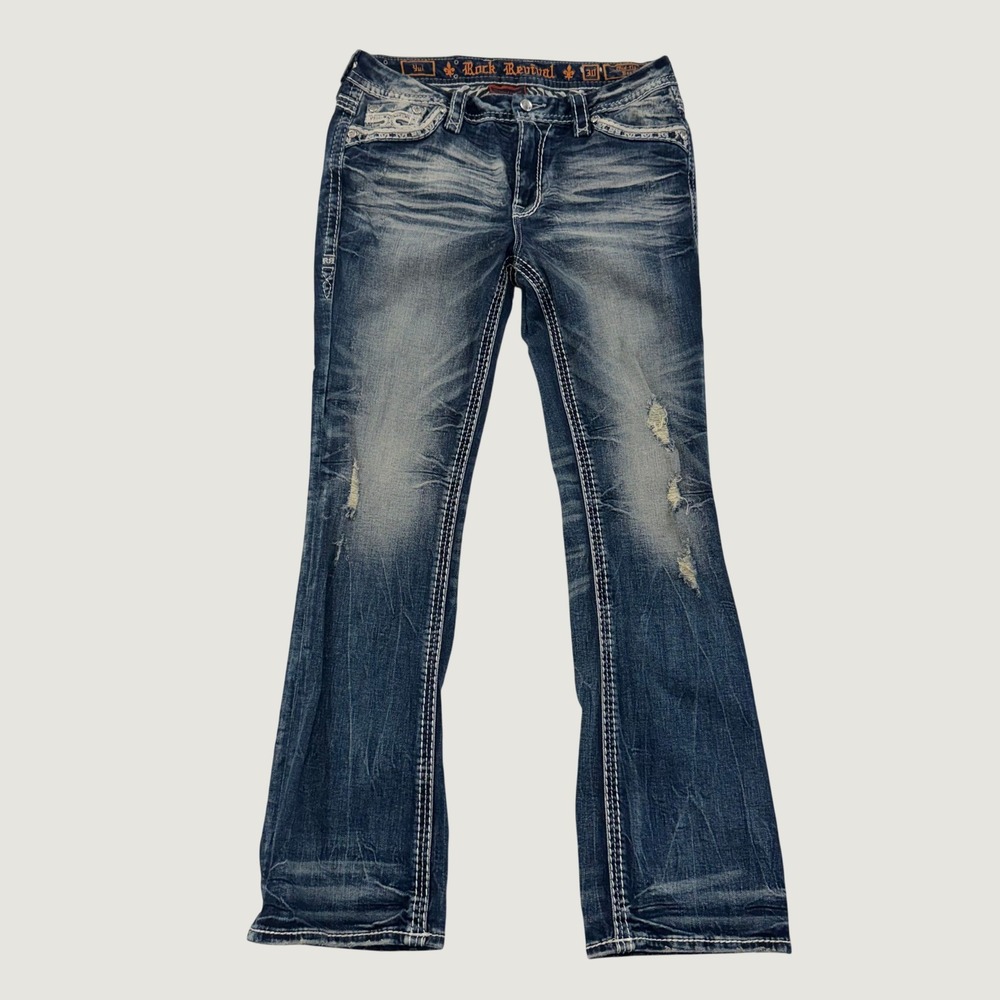 Rock Revival Yui Bootcut Jeans Women's 30 Mid Rise Blue Embellished Distressed